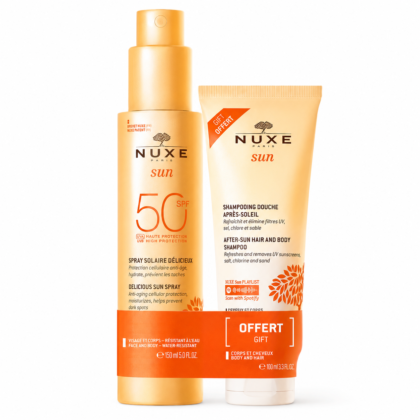 Nuxe sun Duo Spray Solaire Délicieux Haute Protection SPF50 150ml = Shampooing Douche après-soleil 100ml offert