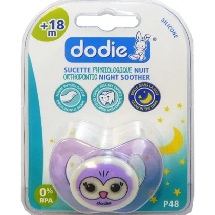 Dodie – Sucette physiologique silicone nuit (18M+) N°48 – Chouette & Mouton