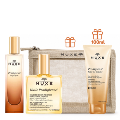 NUXE Prodigieux Trousse Travel Huile Sèche 100ml + Parfum Prodigieux 30ml = Huile de Douche 100ml + Trousse Offerts
