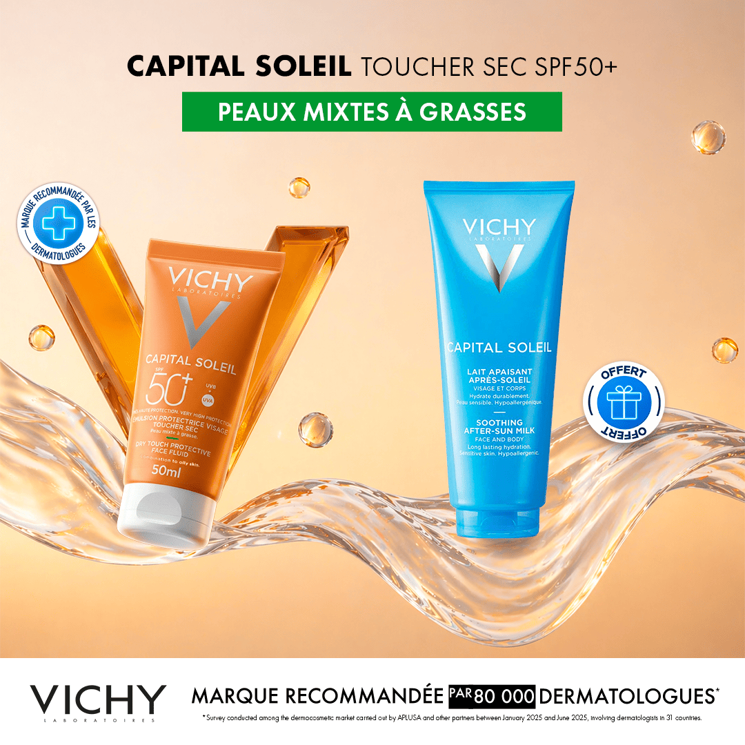 Vichy Capital Soleil Émulsion Toucher Sec SPF50 Peau Sens Mixte à Gras = Après Soleil 100 ml OFFERT