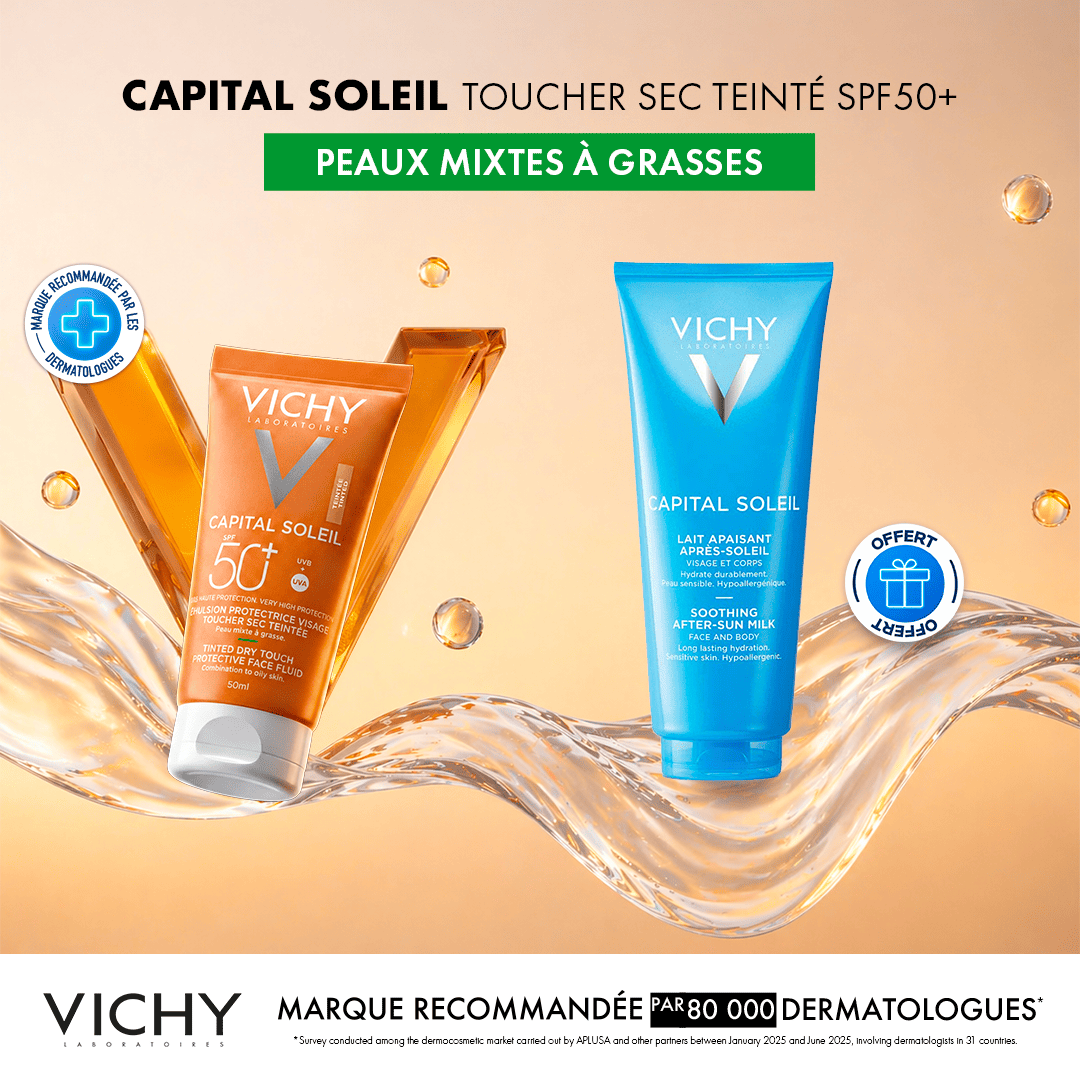 VICHY CAPITAL SOLEIL ÉMULSION TOUCHER SEC SPF50 PEAU SENS MIXTE À GRAS TEINTÉE = APRES-SOLEIL 100ML OFFERTE