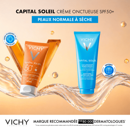 VICHY CAPITAL SOLEIL CREME ONCTUEUSE PEAU NORMALE A SECEHE SPF 50+ 50ML = APRES-SOLEIL 100ML OFFERTE