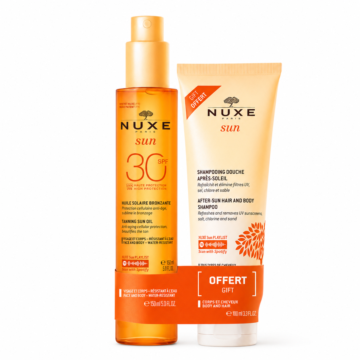 NUXE Sun Pack Huile Solaire Bronzante SPF30 150ml = shampooing douche Après-Soleil 100ml Offert