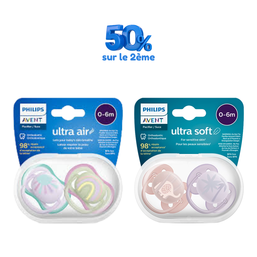 AVENT Sucette Air 0-6M Girl + Sucette Ultra Soft 0-6M Girl – 50% sur le 2ème