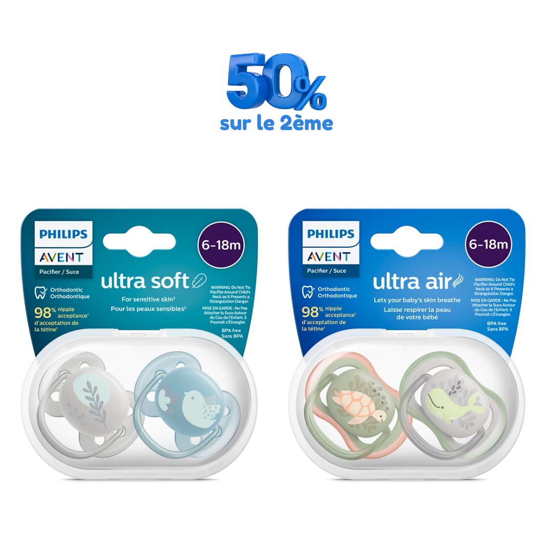 AVENT Sucette Air 6-18M Boy + Sucette Soft 6-18M Boy – 50% sur le 2ème