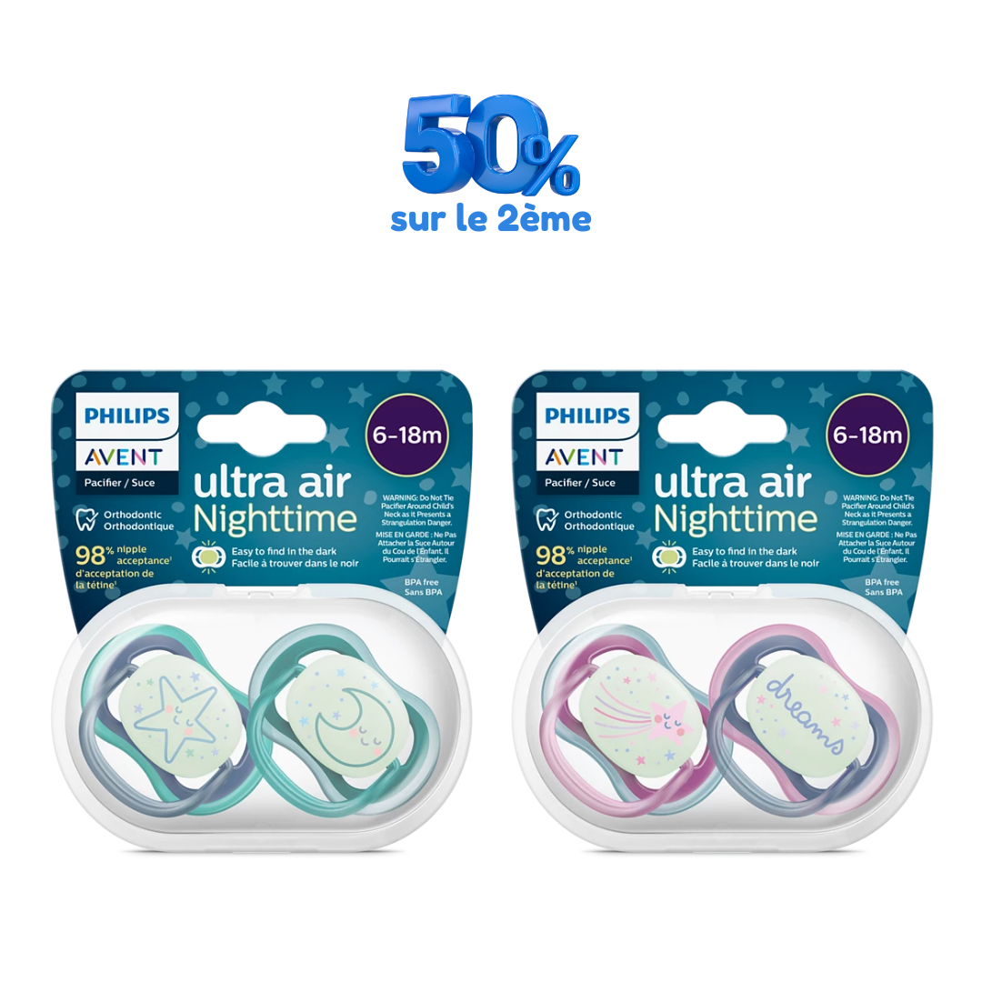 AVENT Sucette Air Nighttime 6-18M Boy + Sucette Air Nighttime 6-18M Girl -50% sur le 2ème