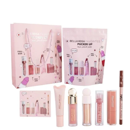 Coffret Bella Rosa Pucker Up : pochette rose, sac cadeau et les 6 produits lèvres et teint
